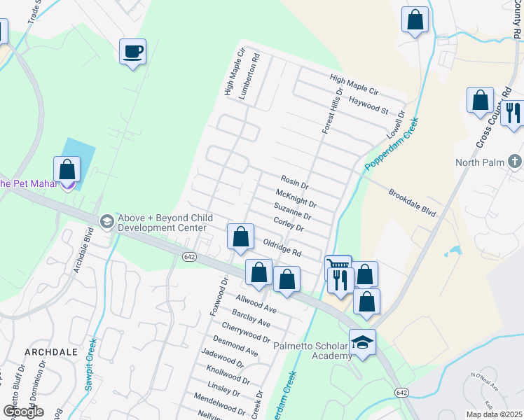 map of restaurants, bars, coffee shops, grocery stores, and more near 7753 Corley Drive in North Charleston