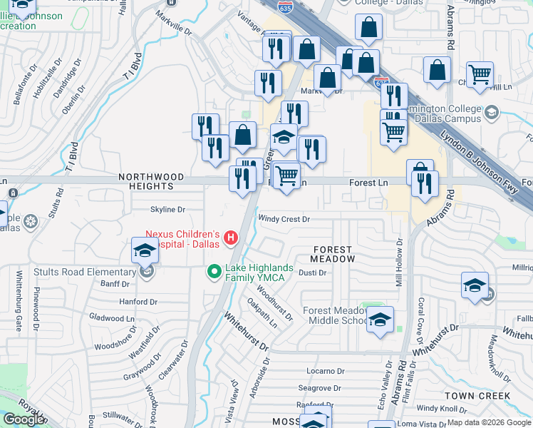 map of restaurants, bars, coffee shops, grocery stores, and more near 9009 Windy Crest Drive in Dallas