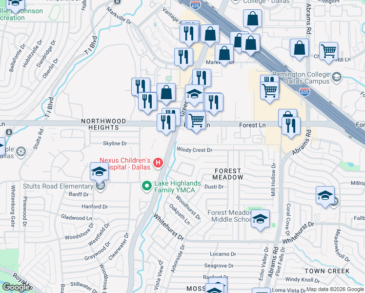 map of restaurants, bars, coffee shops, grocery stores, and more near 9009 Windy Crest Drive in Dallas