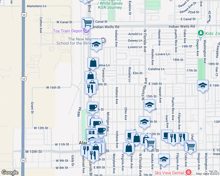 map of restaurants, bars, coffee shops, grocery stores, and more near 1509 Indiana Avenue in Alamogordo
