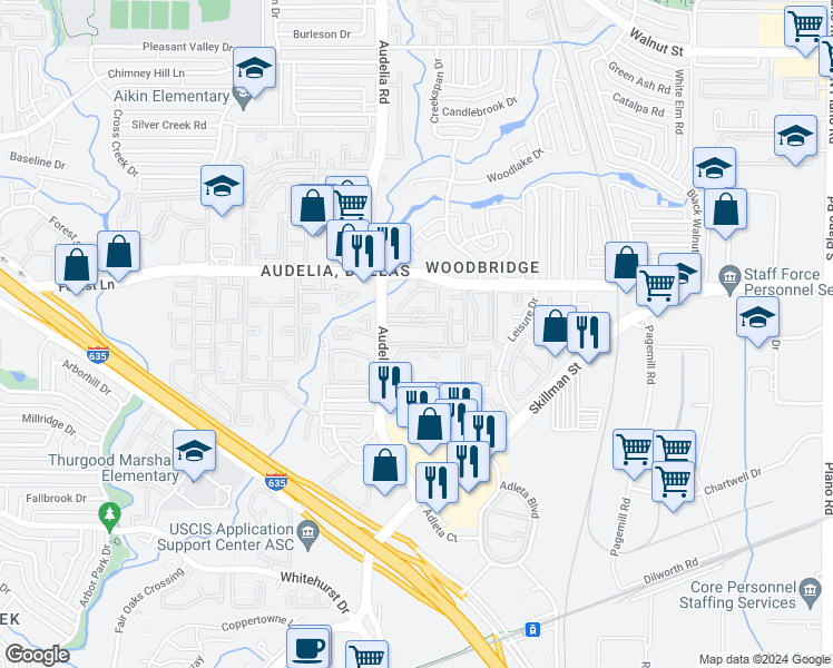 map of restaurants, bars, coffee shops, grocery stores, and more near 11600 Audelia Road in Dallas