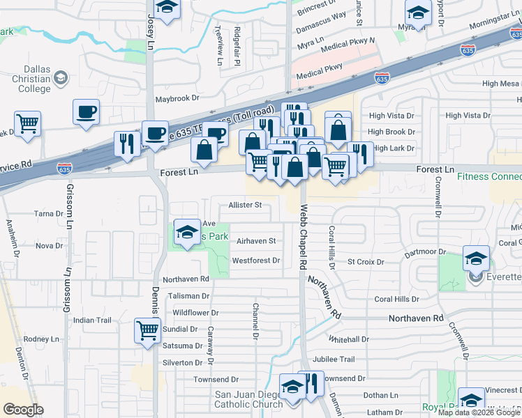 map of restaurants, bars, coffee shops, grocery stores, and more near 3055 Modella Avenue in Dallas