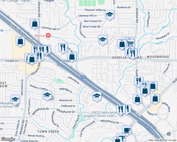 map of restaurants, bars, coffee shops, grocery stores, and more near 9590 Forest Lane in Dallas
