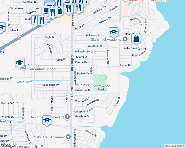 map of restaurants, bars, coffee shops, grocery stores, and more near 5302 Vagas Drive in Rowlett