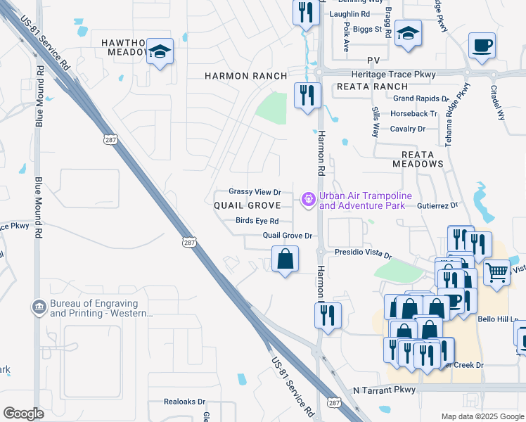 map of restaurants, bars, coffee shops, grocery stores, and more near 1624 Quails Nest Drive in Fort Worth