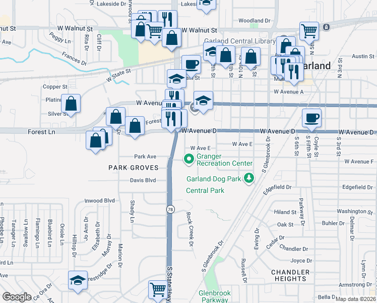 map of restaurants, bars, coffee shops, grocery stores, and more near 1316 West Avenue East in Garland