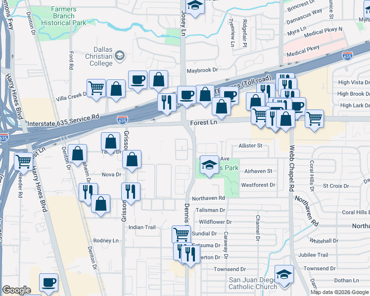 map of restaurants, bars, coffee shops, grocery stores, and more near 11661 Dennis Road in Dallas