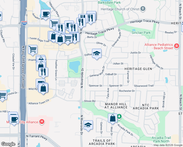 map of restaurants, bars, coffee shops, grocery stores, and more near 9133 Rose Court in Fort Worth