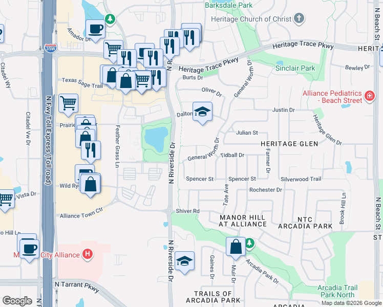 map of restaurants, bars, coffee shops, grocery stores, and more near 9133 Rose Court in Fort Worth