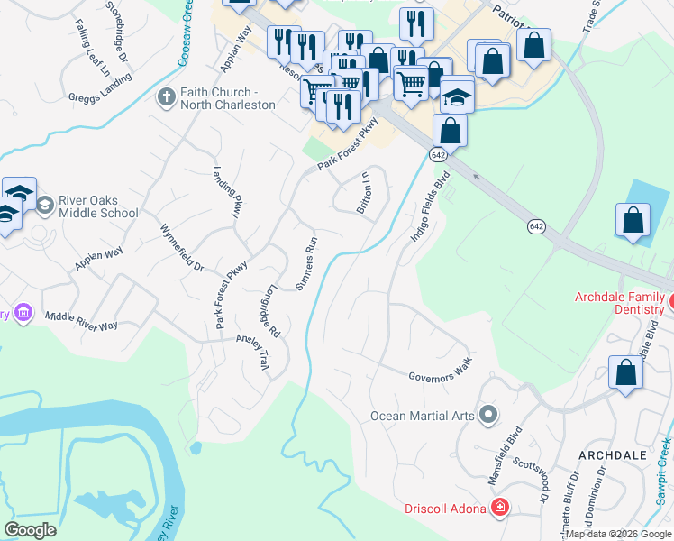 map of restaurants, bars, coffee shops, grocery stores, and more near 162 Hainsworth Drive in North Charleston