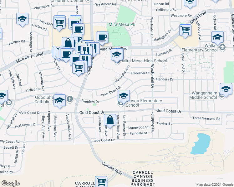 map of restaurants, bars, coffee shops, grocery stores, and more near 8524 Flanders Drive in San Diego