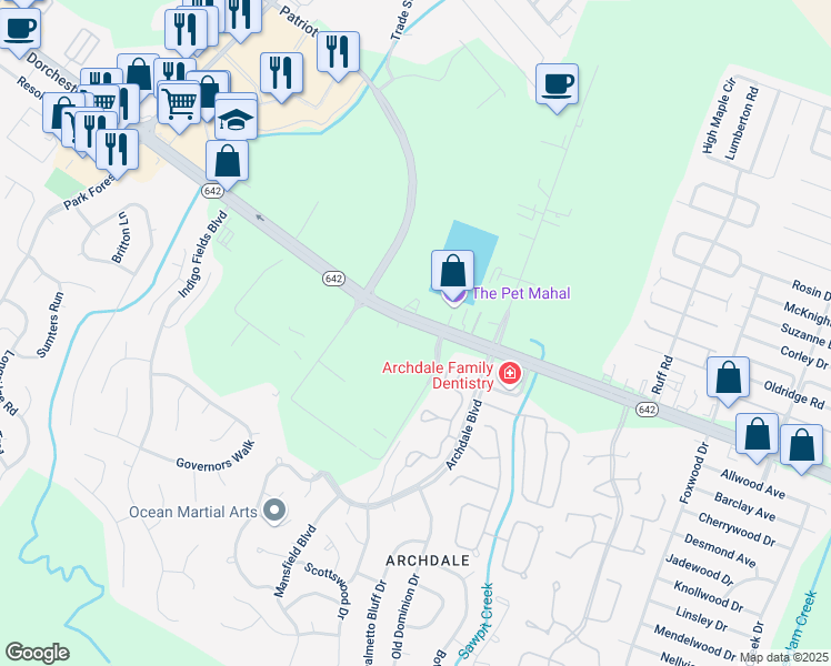 map of restaurants, bars, coffee shops, grocery stores, and more near 8101 Dorchester Road in North Charleston