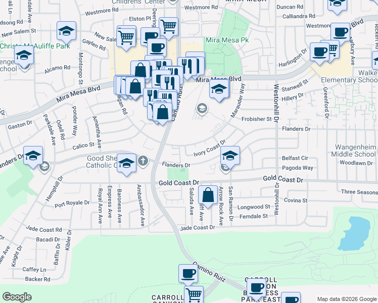 map of restaurants, bars, coffee shops, grocery stores, and more near 8412 Flanders Drive in San Diego