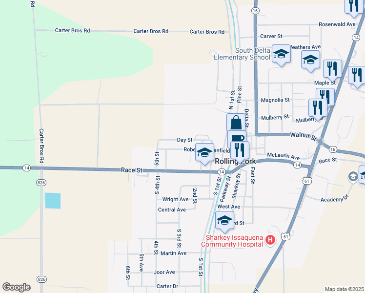 map of restaurants, bars, coffee shops, grocery stores, and more near 68 North 4th Street in Rolling Fork
