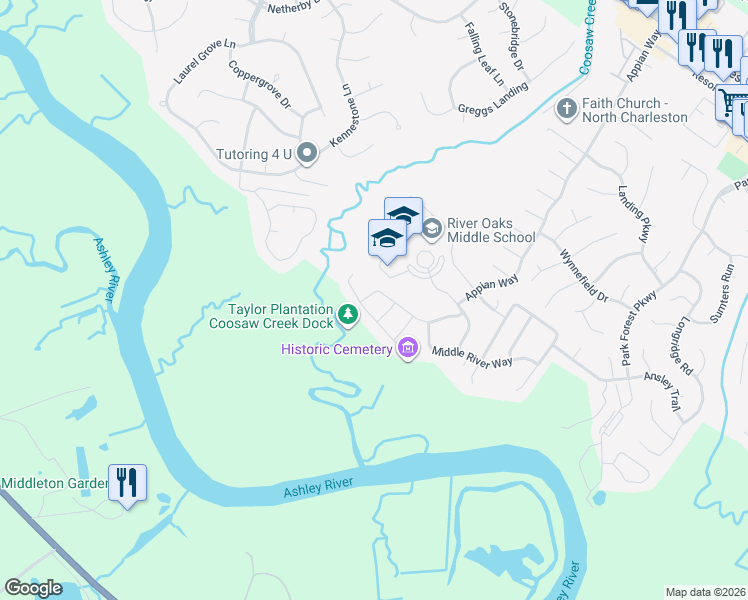 map of restaurants, bars, coffee shops, grocery stores, and more near 5405 Horsemint Trail in North Charleston