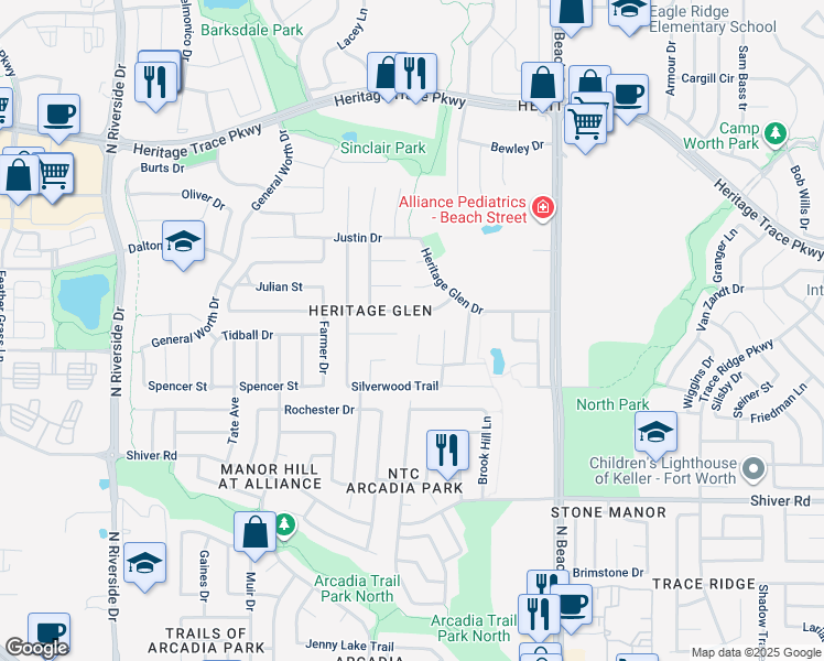map of restaurants, bars, coffee shops, grocery stores, and more near 9233 Monument Court in Fort Worth
