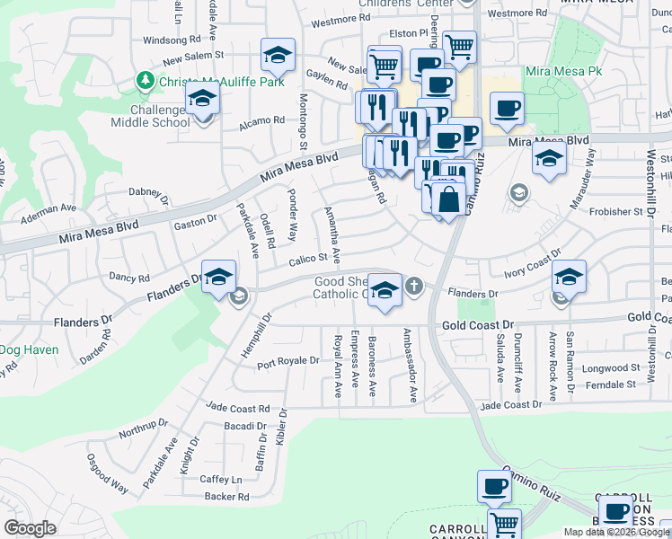 map of restaurants, bars, coffee shops, grocery stores, and more near 10393 Empress Avenue in San Diego