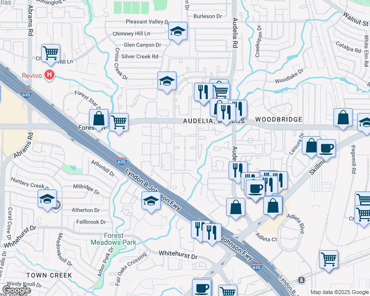 map of restaurants, bars, coffee shops, grocery stores, and more near 9722 Forest Lane in Dallas