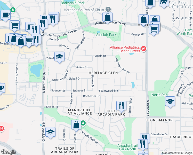 map of restaurants, bars, coffee shops, grocery stores, and more near 9204 Goldenview Drive in Fort Worth
