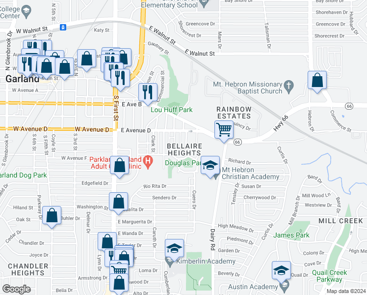 map of restaurants, bars, coffee shops, grocery stores, and more near 535 Helen Street in Garland