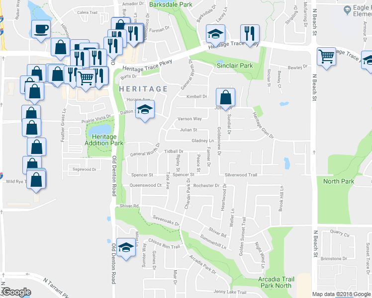 map of restaurants, bars, coffee shops, grocery stores, and more near 3913 Tidball Drive in Fort Worth