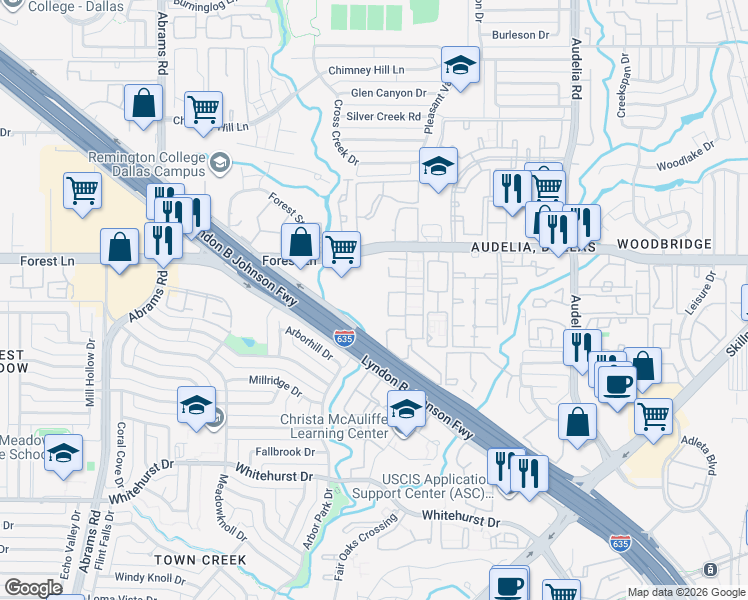 map of restaurants, bars, coffee shops, grocery stores, and more near 9590 Forest Lane in Dallas