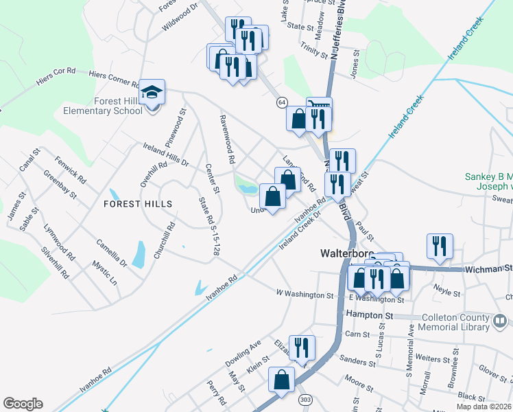 map of restaurants, bars, coffee shops, grocery stores, and more near 118 Underhill Road in Walterboro
