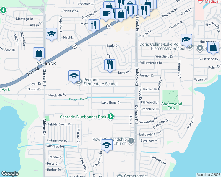 map of restaurants, bars, coffee shops, grocery stores, and more near 8214 Woodside Road in Rowlett
