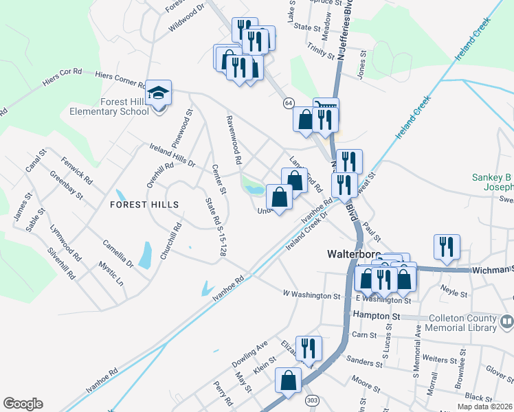 map of restaurants, bars, coffee shops, grocery stores, and more near 118 Underhill Road in Walterboro