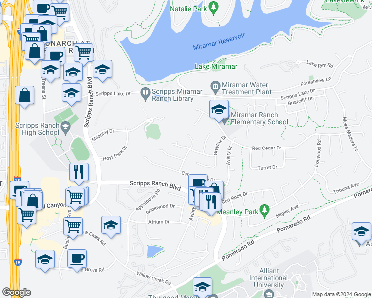 map of restaurants, bars, coffee shops, grocery stores, and more near 10210 Pinetree Drive in San Diego