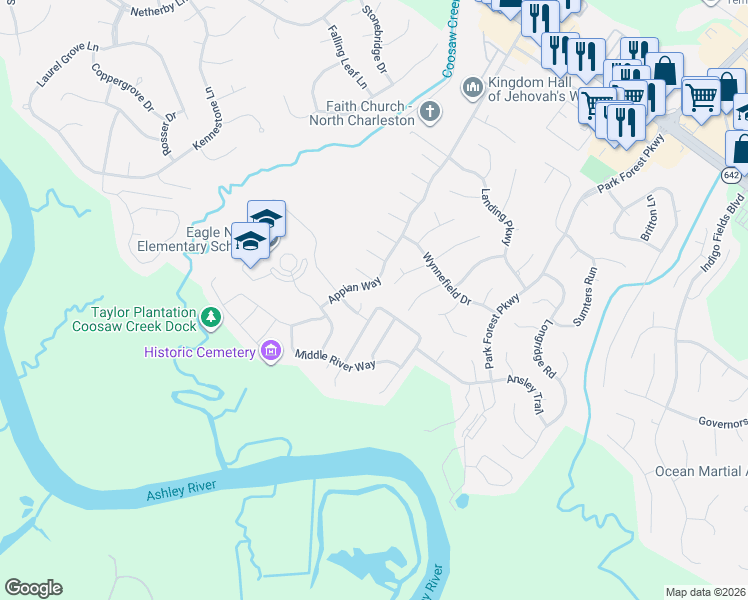 map of restaurants, bars, coffee shops, grocery stores, and more near 5466 Charleywood Landing in North Charleston