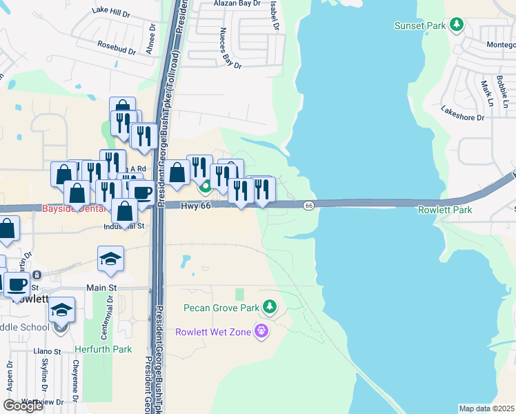 map of restaurants, bars, coffee shops, grocery stores, and more near 5401 Edgewater Circle in Rowlett