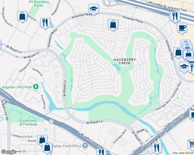 map of restaurants, bars, coffee shops, grocery stores, and more near 2313 Clearspring Drive North in Irving