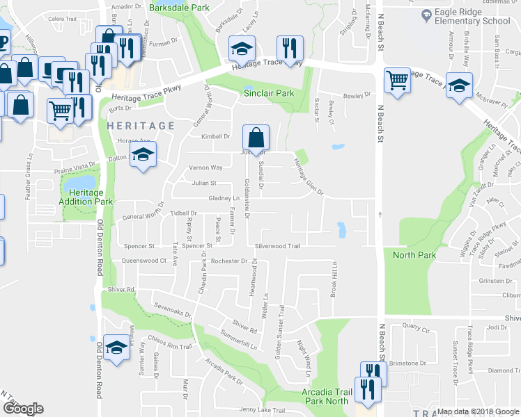 map of restaurants, bars, coffee shops, grocery stores, and more near 4117 Heirship Court in Keller