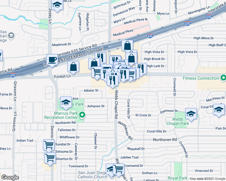 map of restaurants, bars, coffee shops, grocery stores, and more near 11625 Webb Chapel Road in Dallas