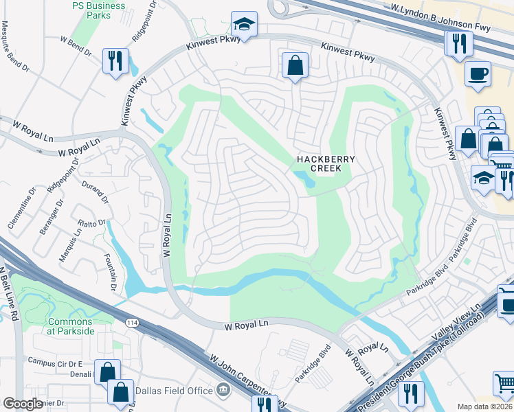 map of restaurants, bars, coffee shops, grocery stores, and more near 2313 Clearspring Drive North in Irving