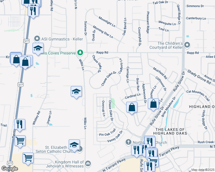 map of restaurants, bars, coffee shops, grocery stores, and more near 1440 Chase Oaks Drive in Keller