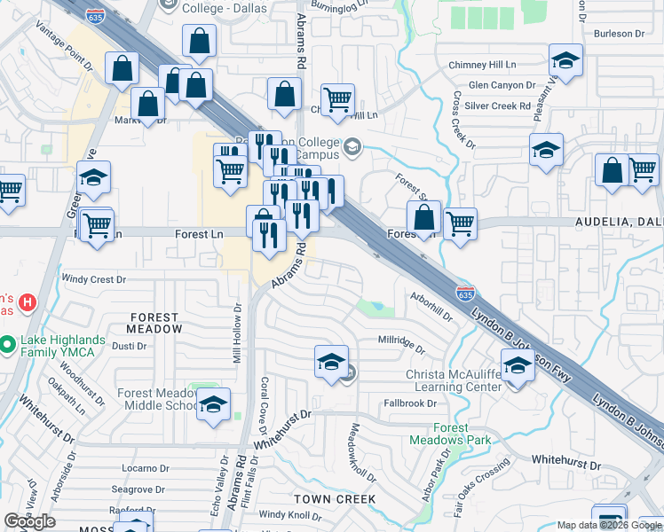 map of restaurants, bars, coffee shops, grocery stores, and more near 9420 Forest Springs Drive in Dallas