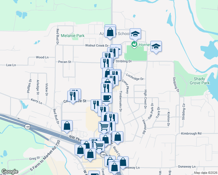 map of restaurants, bars, coffee shops, grocery stores, and more near 833 Boyd Road in Azle