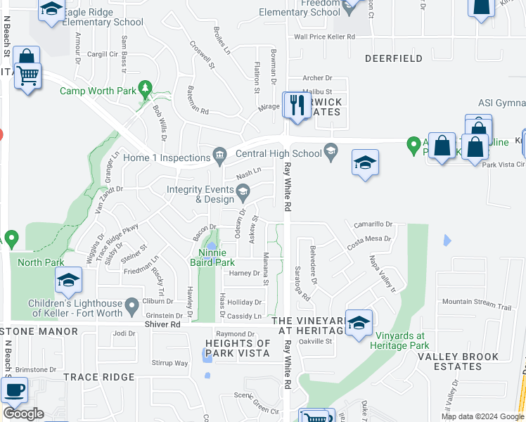 map of restaurants, bars, coffee shops, grocery stores, and more near 9204 Askew Street in Fort Worth