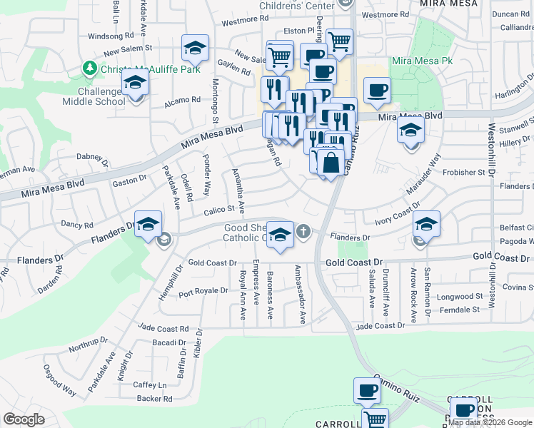 map of restaurants, bars, coffee shops, grocery stores, and more near 8130 Calico Street in San Diego