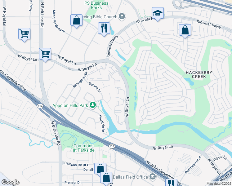 map of restaurants, bars, coffee shops, grocery stores, and more near 2717 W Royal Ln in Irving