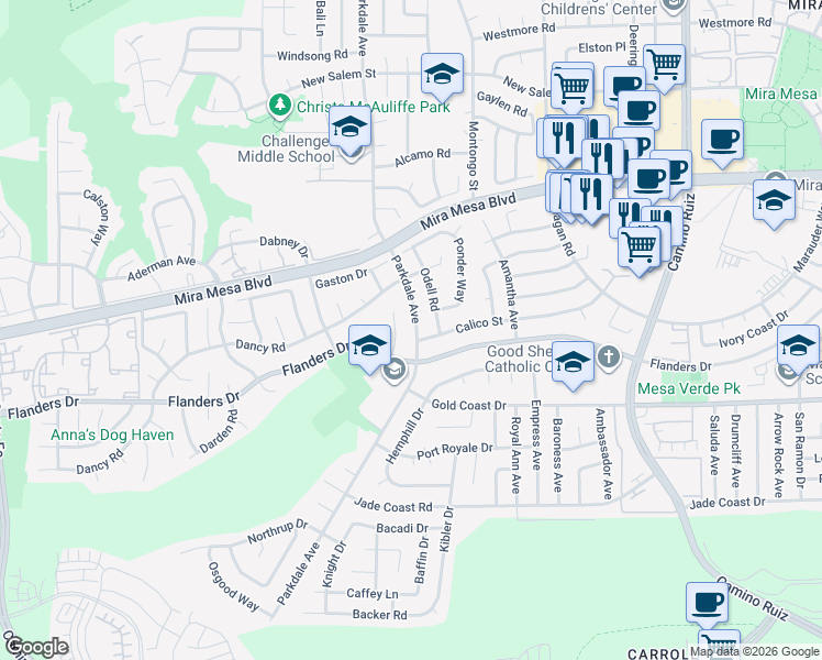 map of restaurants, bars, coffee shops, grocery stores, and more near 10468 Parkdale Avenue in San Diego