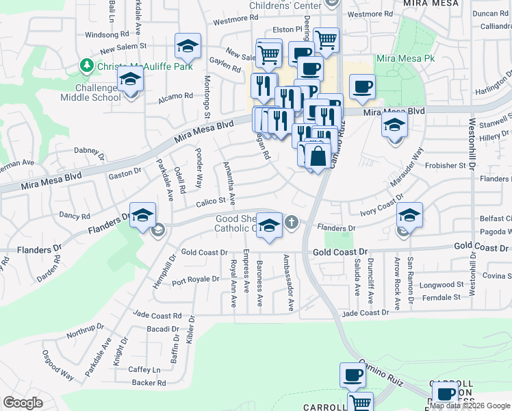map of restaurants, bars, coffee shops, grocery stores, and more near 8130 Calico Street in San Diego