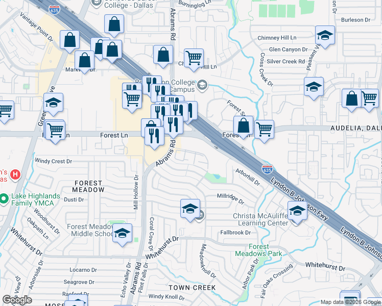 map of restaurants, bars, coffee shops, grocery stores, and more near 9420 Forest Springs Drive in Dallas