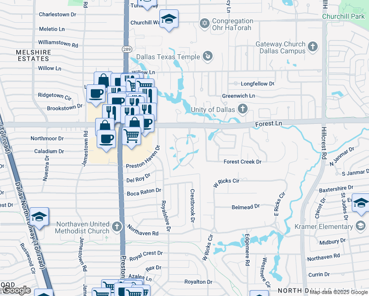 map of restaurants, bars, coffee shops, grocery stores, and more near 3 Robledo Drive in Dallas