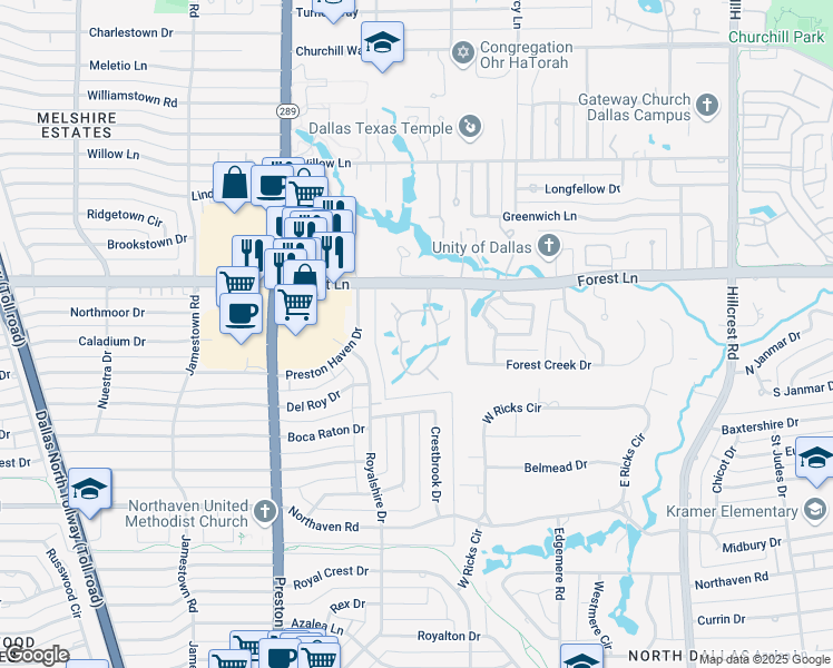 map of restaurants, bars, coffee shops, grocery stores, and more near 3 Robledo Drive in Dallas