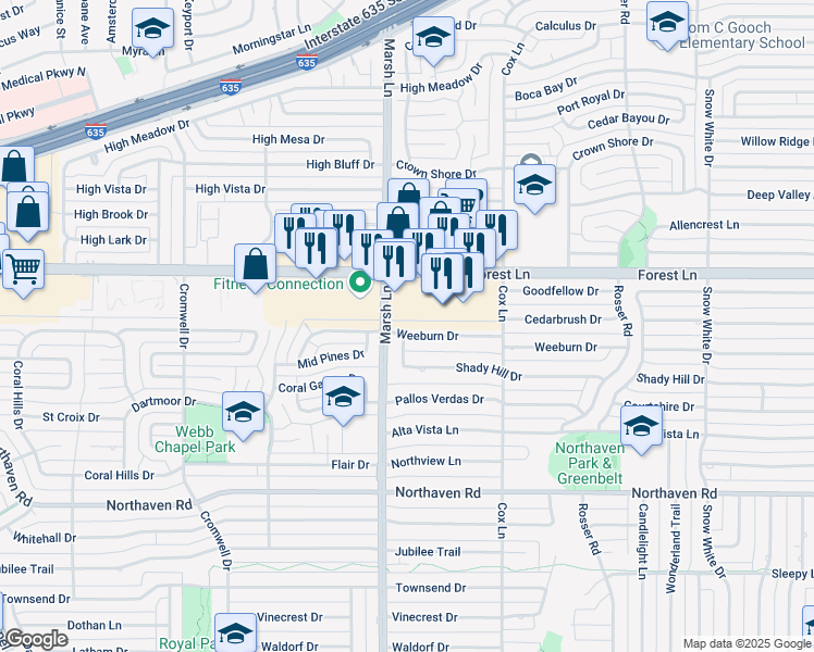 map of restaurants, bars, coffee shops, grocery stores, and more near 11722 Marsh Lane in Dallas