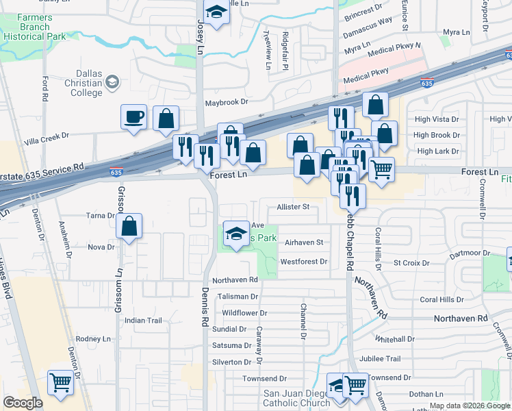 map of restaurants, bars, coffee shops, grocery stores, and more near 2968 Forest Lane in Dallas