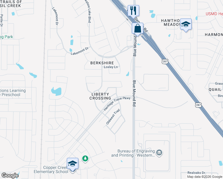 map of restaurants, bars, coffee shops, grocery stores, and more near 644 Bareback Lane in Fort Worth
